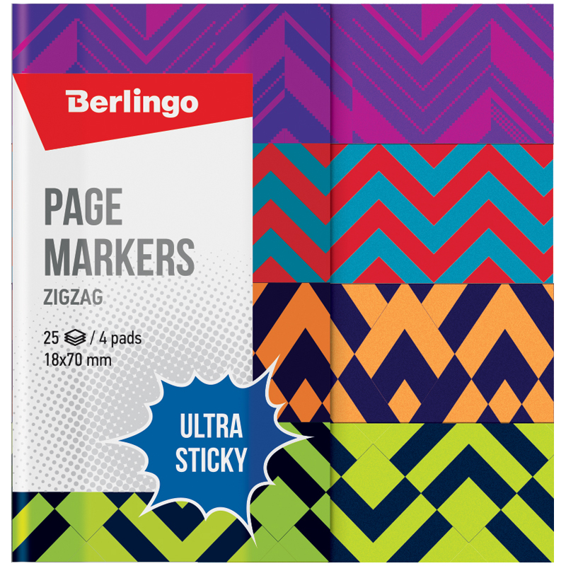 Флажки-закладки Berlingo Ultra Sticky Zigzag, 18*70мм, бумажные, в книжке, с дизайном, 25л*4 бл.