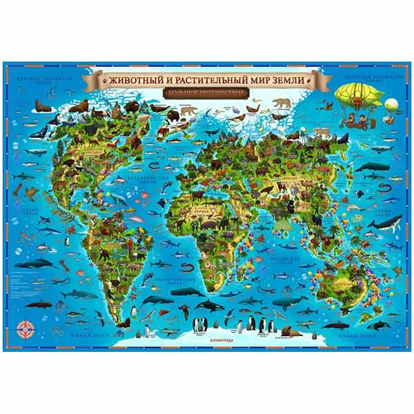 Карта мира для детей Животный и растительный мир Земли Globen, 590*420мм, интерактивная