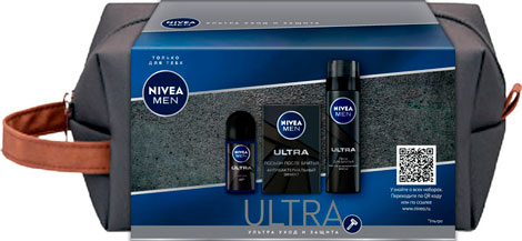 Набор подарочный Nivea Men Ultra в косметичке, пена для бритья, 200 мл + лосьон после бритья, 100 мл + антиперспирант ролик, 50 мл