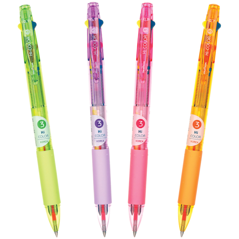 Ручка шариковая автоматическая MunHwa Hi-Color 3 3цв.(син/неон желт/неон роз),0,7мм,корпус ассорти