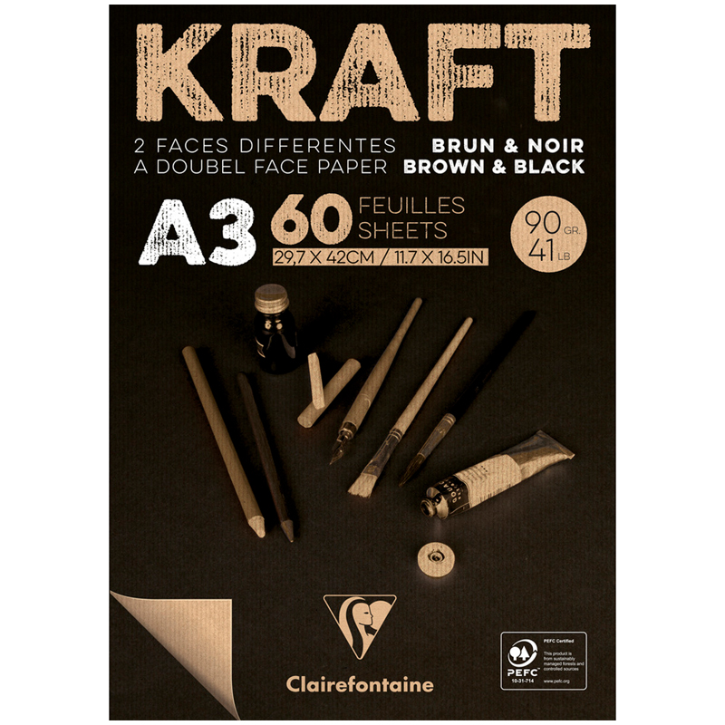 Скетчбук - блокнот 60л. А3 на склейке Clairefontaine Kraft, 90г/м2,верже,черный/крафт