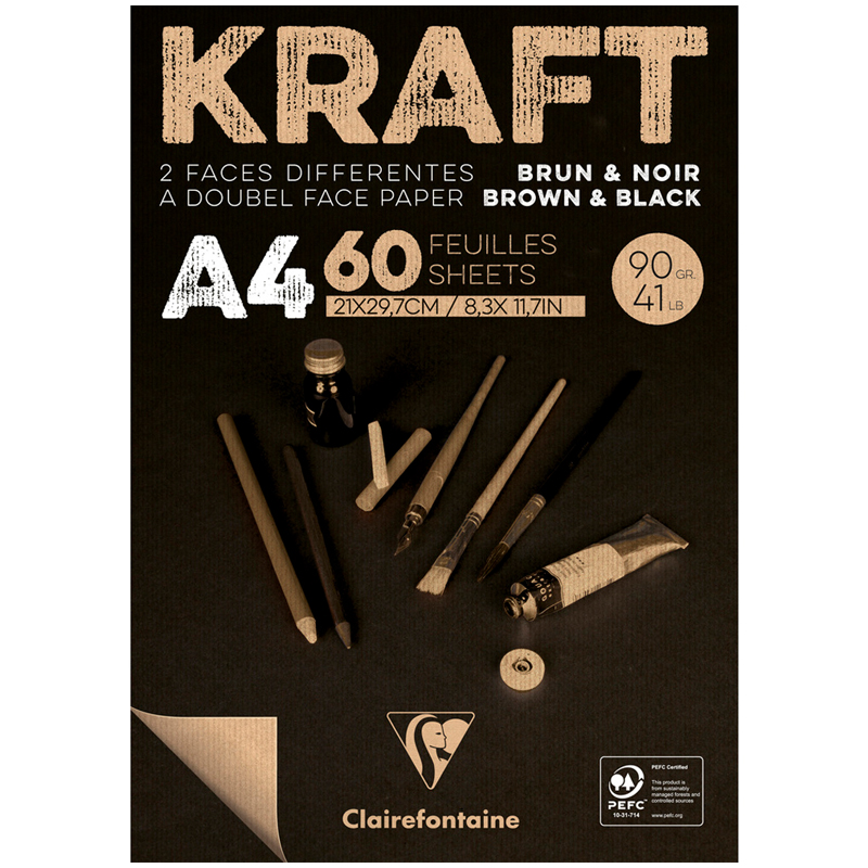 Скетчбук - блокнот 60л. А4 на склейке Clairefontaine Kraft, 90г/м2,верже,черный/крафт