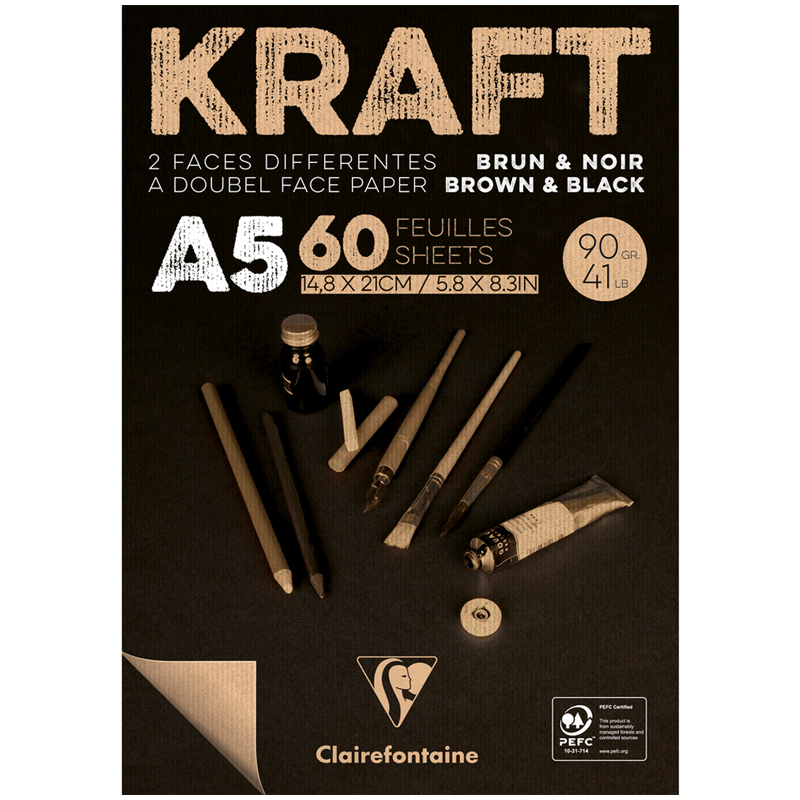 Скетчбук - блокнот 60л. А5 на склейке Clairefontaine Kraft, 90г/м2,верже,черный/крафт