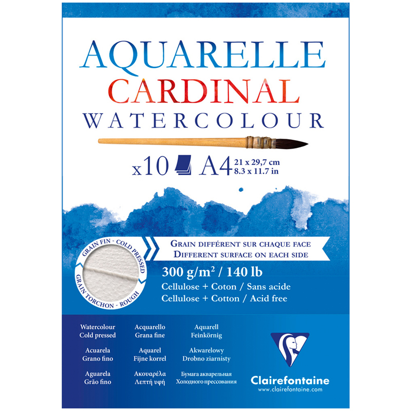 Альбом для акварели 10л., А4, на склейке Clairefontaine Cardinal,300г/м2,торшон,холод.пресс.,хлоп