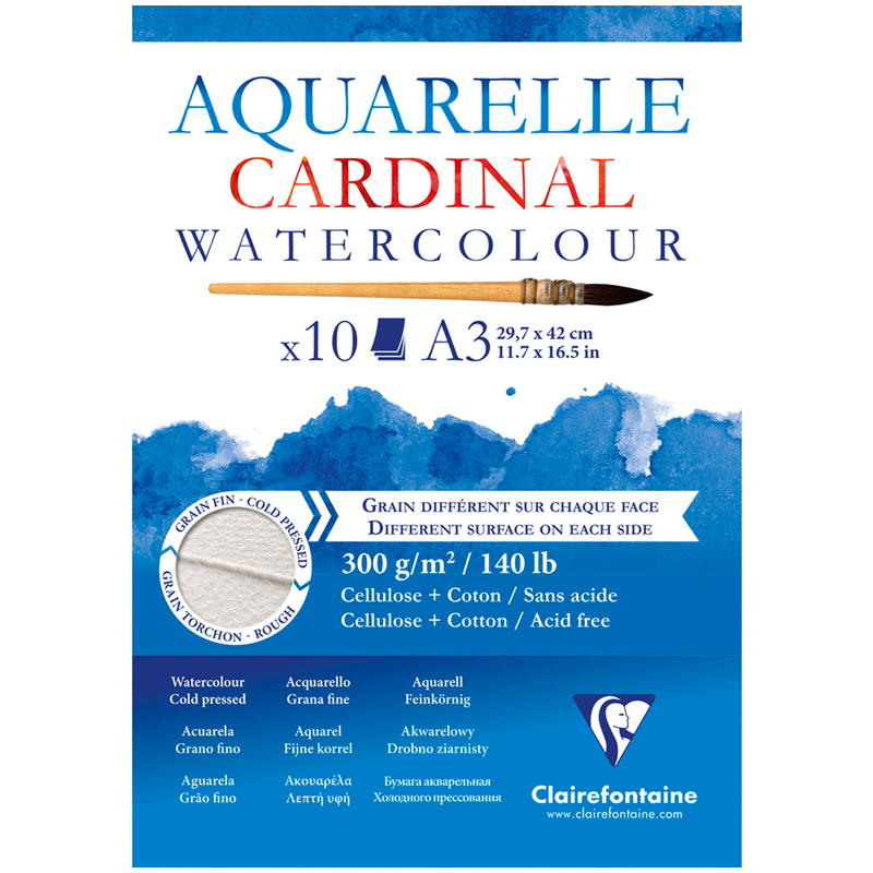 Альбом для акварели 10л., А3, на склейке Clairefontaine Cardinal,300г/м2,торшон,холод.пресс.,хлоп