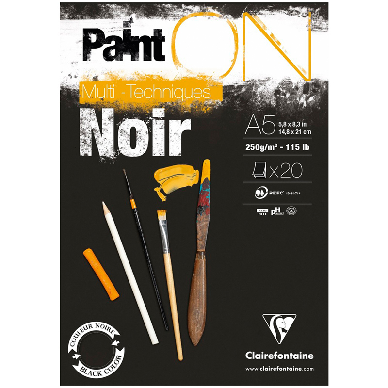 Скетчбук - альбом для смешанных техник 20л., А5, на склейке Clairefontaine Paint ON Noir, 250г/м2, черная