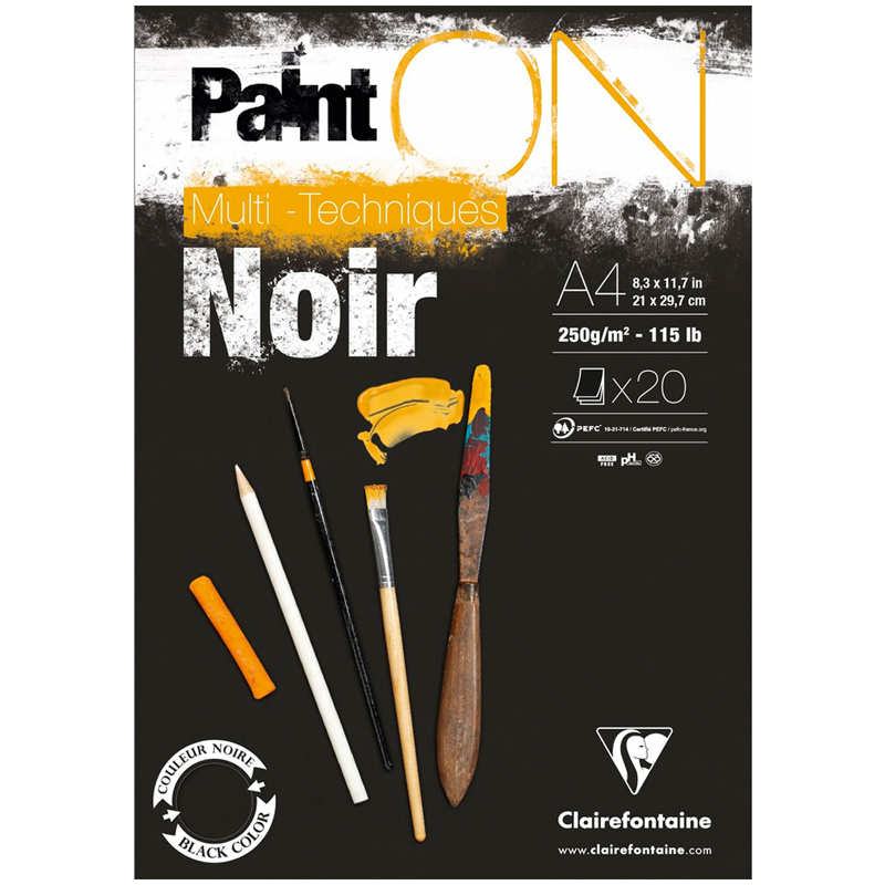 Скетчбук - альбом для смешанных техник 20л., А4, на склейке Clairefontaine Paint ON Noir, 250г/м2, черная
