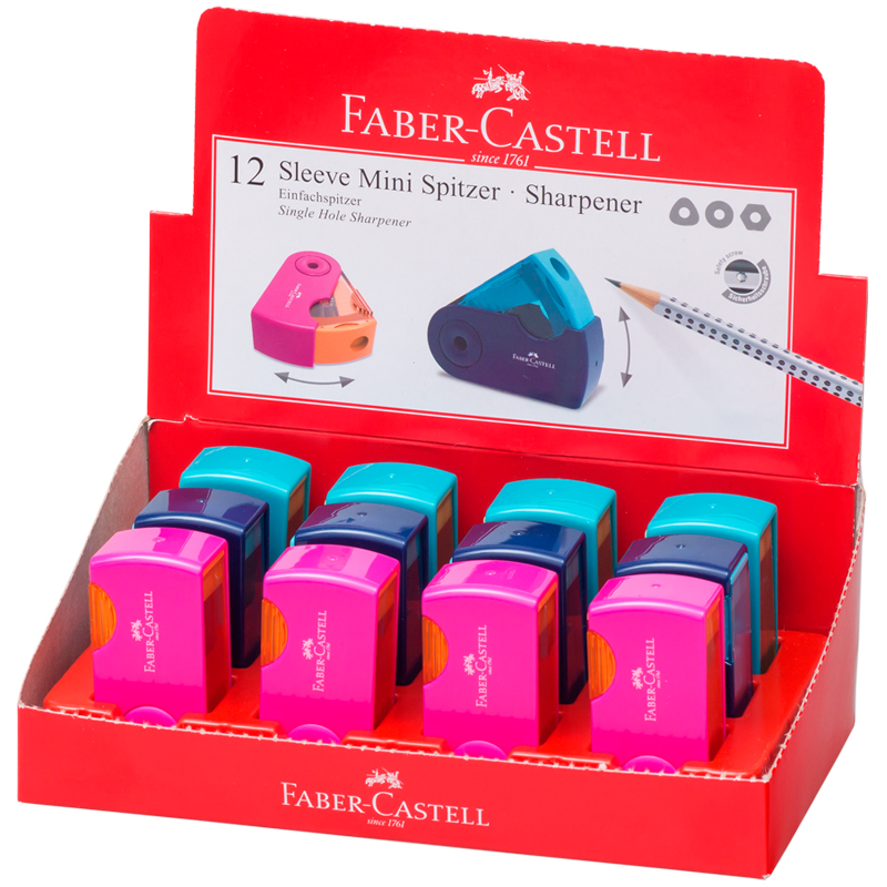 Точилка пластиковая Faber-Castell Sleeve Mini, 1 отверстие, контейнер, розов./оранж., бирюзов.