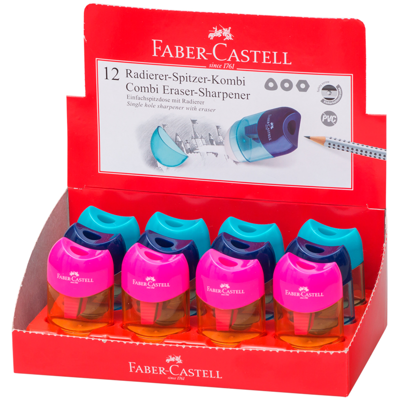 Точилка пластиковая с ластиком Faber-Castell Combi Mini, 1 отверстие, контейнер, розов./оранж.,