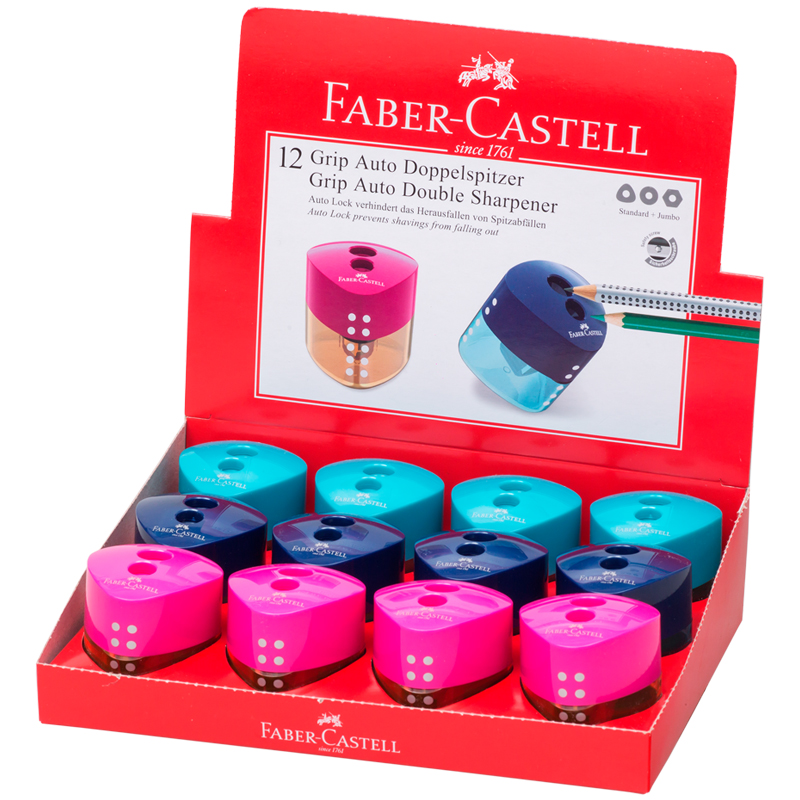 Точилка пластиковая со шторкой Faber-Castell Grip Auto 2 отверстия, контейнер, розовая/бирюзовая/синяя
