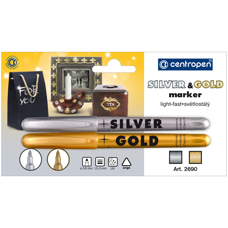 Набор маркеров для декорирования Centropen 2690 золото,серебро, 2шт., пулевидный, 1,5-3мм, блистер