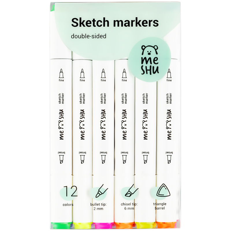Набор маркеров для скетчинга MESHU, 12цв., основные и флуоресцентные цвета