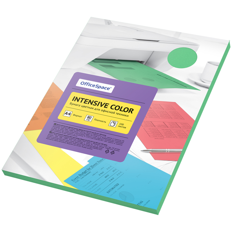 Бумага цветная OfficeSpace Intensive Color, A4, 80 г/м, 100л., зеленый