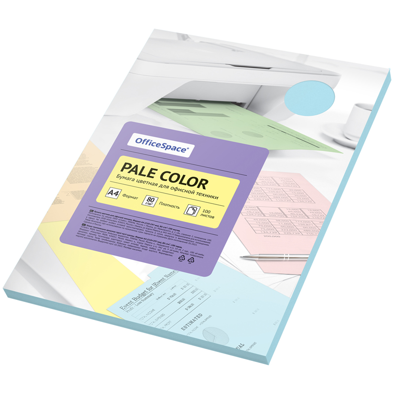 Бумага цветная OfficeSpace Pale Color, A4, 80 г/м, 100л., (голубой)