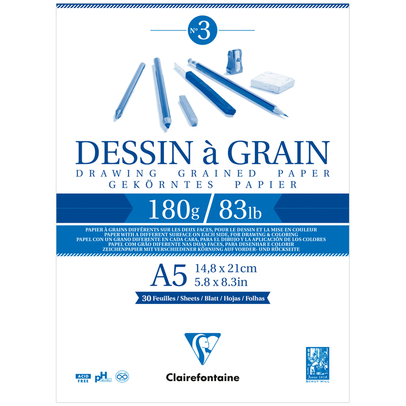 Скетчбук 30л. А5 на склейке Clairefontaine Dessin a grain, 180г/м2, мелкозернистая