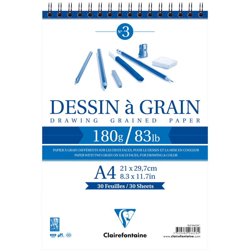 Скетчбук 30л. А4 на гребне Clairefontaine Dessin a grain, 180г/м2, мелкозернистая