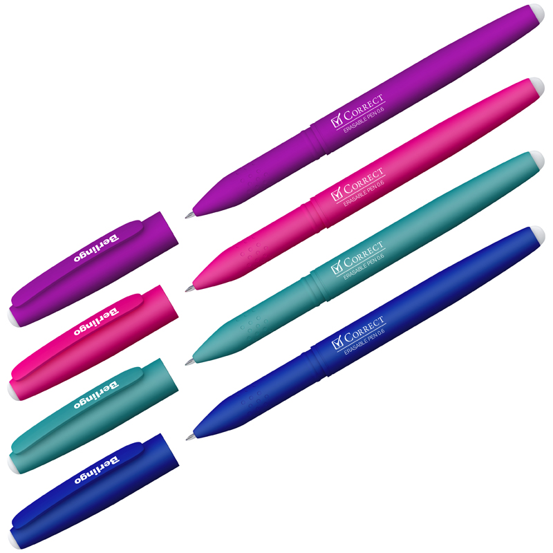Ручка гелевая стираемая Berlingo Correct синяя, 0,6мм, прорезин. корпус, корпус ассорти