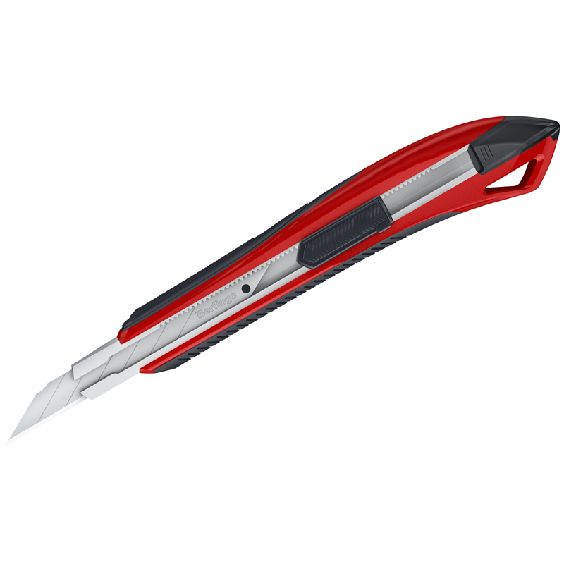 Нож канцелярский 9мм Berlingo Razzor 300, auto-lock, металл. направл., мягкие вставки, красный, европодвес