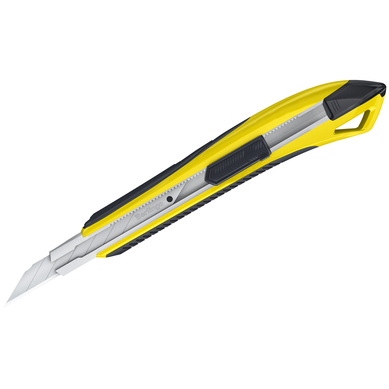 Нож канцелярский 9мм Berlingo Razzor 300, auto-lock, металл. направл., мягкие вставки, желтый, европодвес