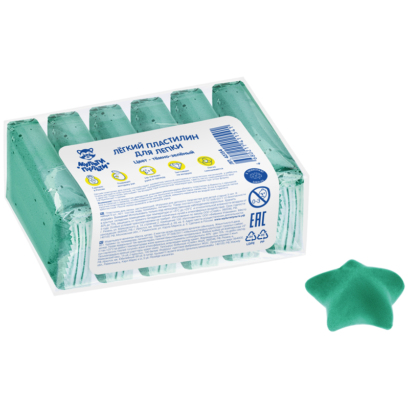 Легкий пластилин для лепки Мульти-Пульти, темно-зеленый, 6шт., 60г, прозрачный пакет