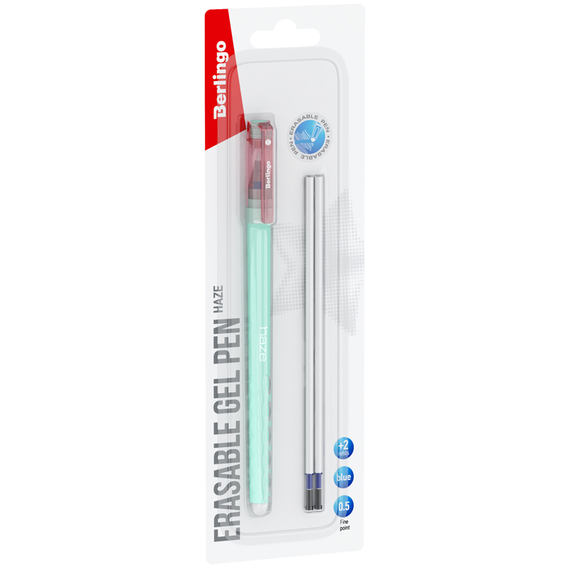 Ручка гелевая стираемая Berlingo Haze синяя, +2 сменных стержня, 0,5мм, прорезин. корпус, зеленый корпус