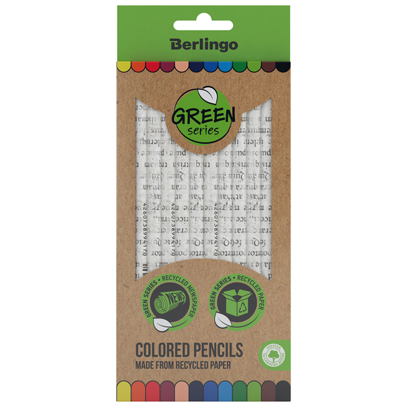 Карандаши цветные Berlingo SuperSoft. Green Series, 12цв., из переработанной бумаги, заточен., картон, европодвес