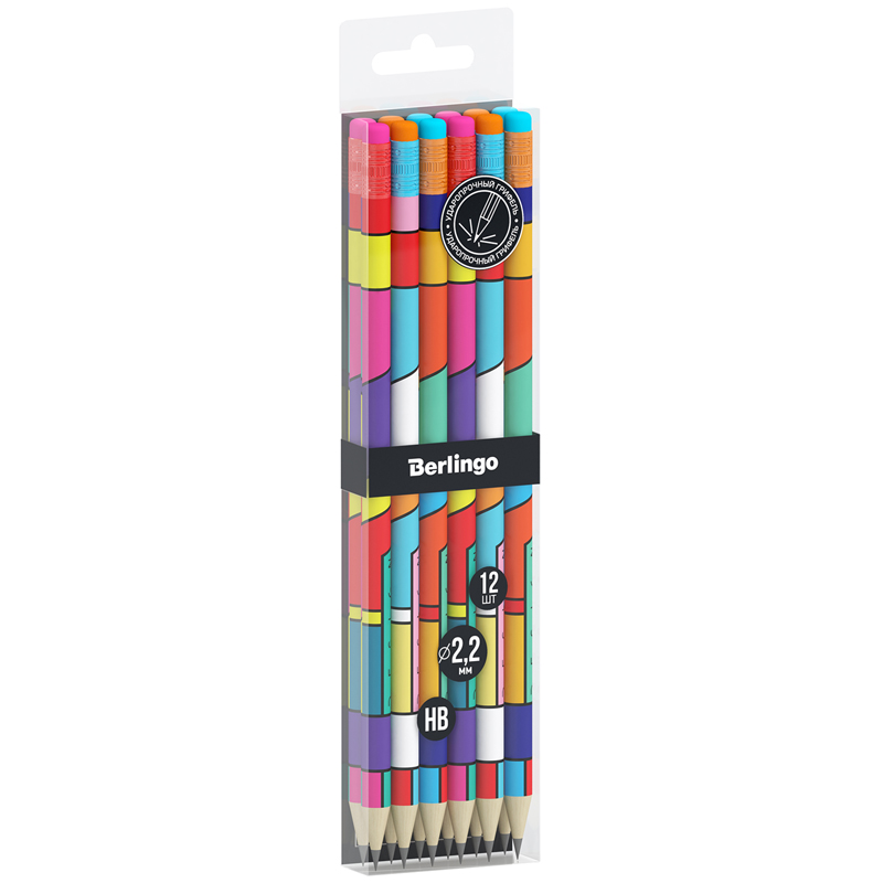 Набор карандашей ч/г Berlingo Color Block HB, 12шт., круглый, заточен., с ластиком, ассорти, PET-бокс