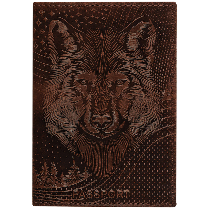 Обложка для паспорта OfficeSpace Волк, кожа, тиснение, коричневая