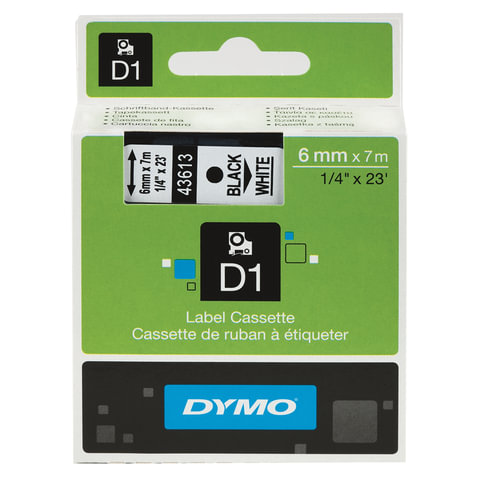 Картридж для принтеров этикеток DYMO D1, 6 мм х 7 м, лента пластиковая, чёрный шрифт, белый фон, S0720780