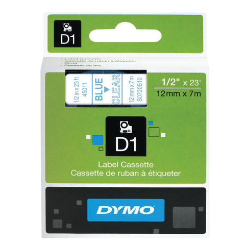 Картридж для принтеров этикеток DYMO D1, 12 мм х 7 м, лента пластиковая, голубой шрифт, прозрачный фон, S0720510