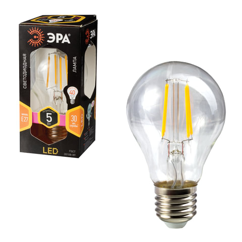 Лампа светодиодная филаментная ЭРА, 5 (40) Вт, цоколь E27, грушевидная, теплый белый свет, 30000 ч., F-LED А60-5w-827-E27