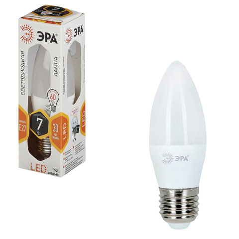 Лампа светодиодная ЭРА, 7 (60) Вт, цоколь E27, свеча, теплый белый свет, 30000 ч., LED smdB35-7w-827-E27