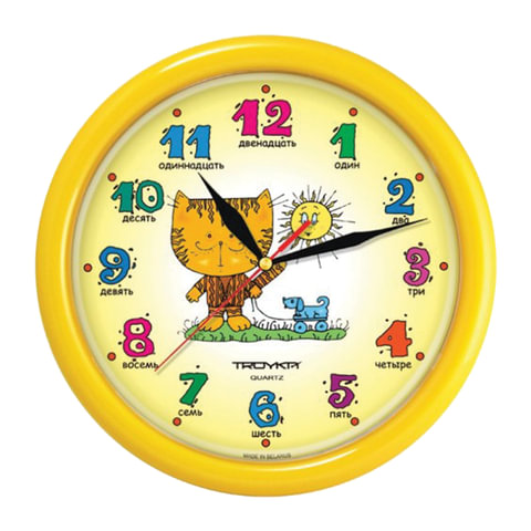 Часы настенные TROYKA 21250290, круг, желтые с рисунком Котенок, желтая рамка, 24,5х24,5х3,1 см