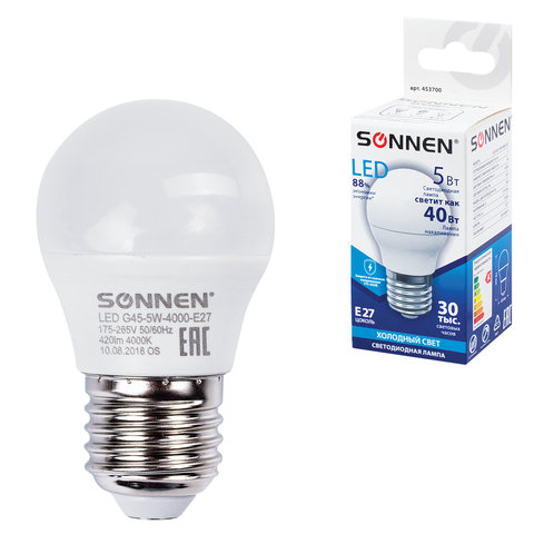 Лампа светодиодная SONNEN, 5 (40) Вт, цоколь E27, шар, холодный белый свет, 30000 ч, LED G45-5W-4000-E27, 453700