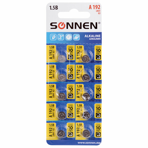 Батарейка алкалиновая таблетка 1 шт., SONNEN Alkaline, 192A (G3, LR41), блистер, отрывной блок, 455603