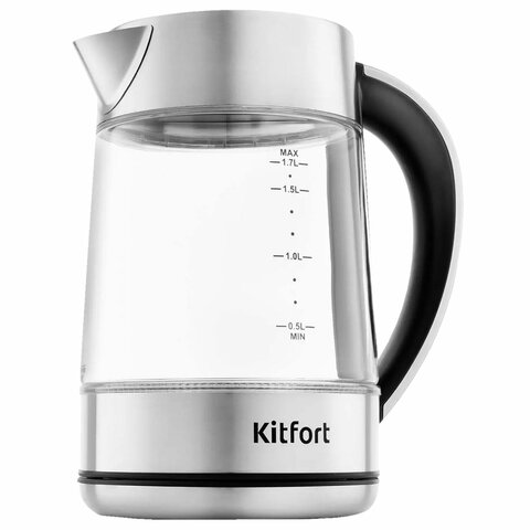 Чайник KITFORT КТ-690, 1,7 л, 2200 Вт, закрытый нагревательный элемент, LED дисплей, ТЕРМОРЕГУЛЯТОР, стекло, серебро