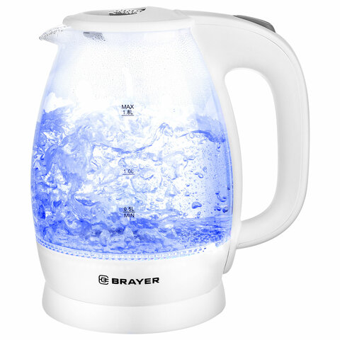 Чайник BRAYER BR1013WH, 1,8л, 2200Вт, закрытый нагревательный элемент, стекло, белый