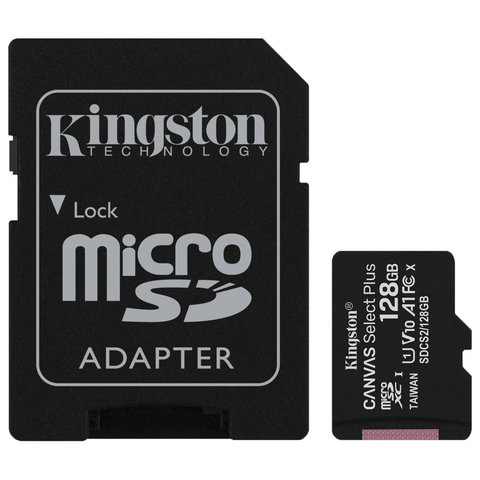 Карта памяти microSDXC 128 GB KINGSTON Canvas Select Plus UHS-I U1,100 Мб/с (class 10), адаптер, SDCS2/128 GB, SDCS2/128GB
