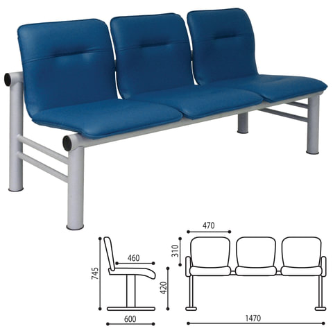 Кресло для посетителей трехсекционное Троя, 745х1470х600 мм, светлый каркас, кожзам синий, СМ 105-03 К20