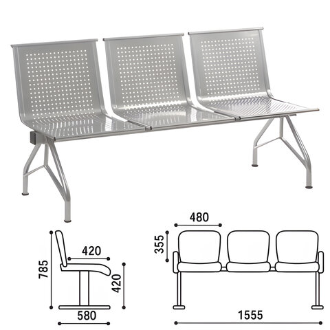 Кресло для посетителей трехсекционное Стилл, 785х1555х580 мм, серебристое, СМ86/2-03