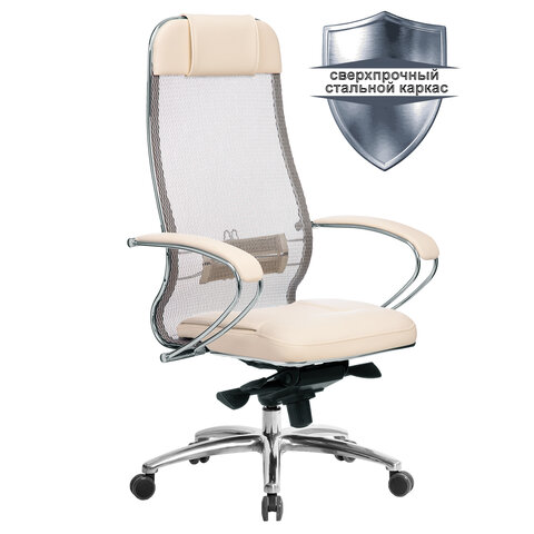 Кресло офисное МЕТТА SAMURAI SL-1.04, сверхпрочная ткань-сетка/кожа, бежевое