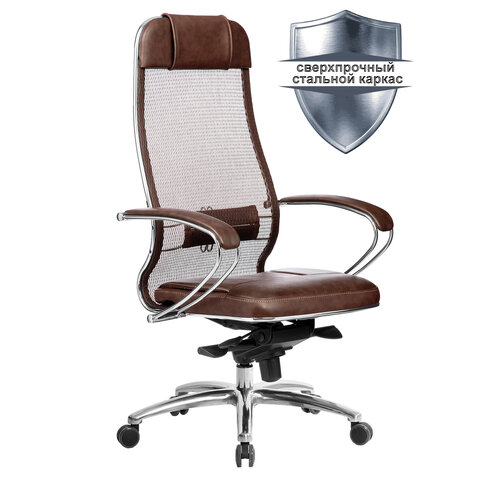 Кресло офисное МЕТТА SAMURAI SL-1.04, сверхпрочная ткань-сетка/кожа, темно-коричневое