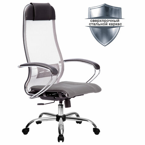 Кресло офисное МЕТТА К-3 хром, ткань-сетка, сиденье и спинка регулируемые, светло-серое