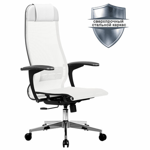 Кресло офисное МЕТТА К-4-Т хром, прочная сетка, сиденье и спинка регулируемые, белое