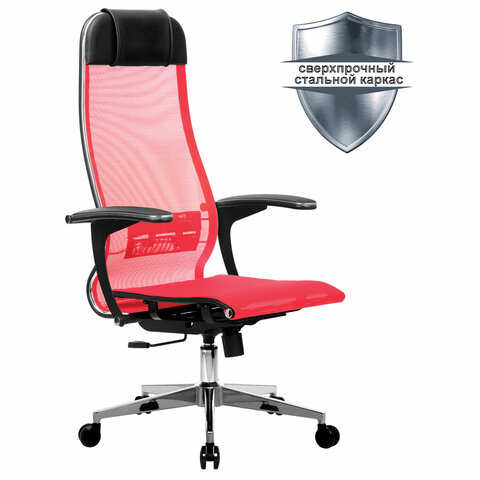 Кресло офисное МЕТТА К-4-Т хром, прочная сетка, сиденье и спинка регулируемые, красное