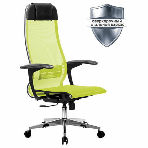 Кресло офисное МЕТТА К-4-Т хром, прочная сетка, сиденье и спинка регулируемые, светло-зеленое