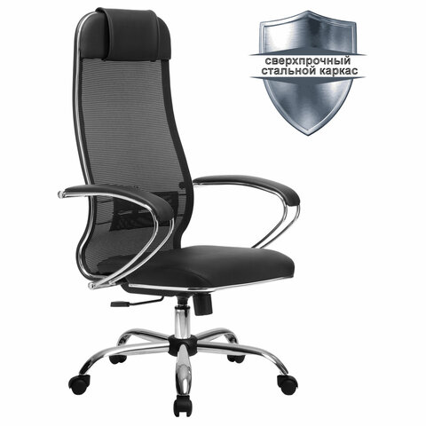 Кресло офисное МЕТТА К-5.1 хром, ткань-сетка/кожа, сиденье мягкое, черное