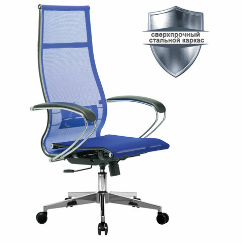 Кресло офисное МЕТТА К-7 хром, прочная сетка, сиденье и спинка регулируемые, голубое