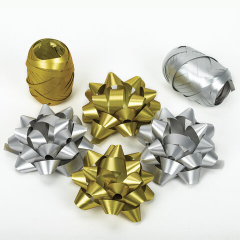 Набор для декора и подарков 4 банта, 2 ленты, матовый металл, цвета: золотистый, серебристый, ЗОЛОТАЯ СКАЗКА, 591850
