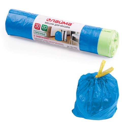 Мешки для мусора с завязками 30 л, синие, в рулоне 20 шт., прочные, ПНД 12 мкм, 50х60 см, LAIMA, 601395